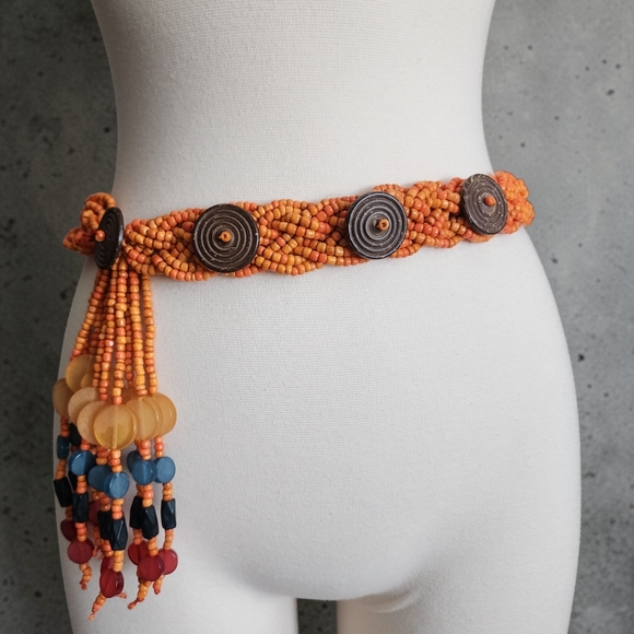 Boho Beaded Belt in Orange with Coconut Button Closures And Acrylic Bead Accents - Picture 2 of 9
